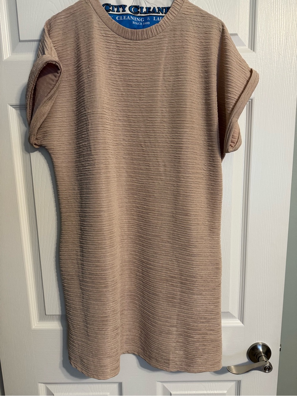 Women’s Ribbed Short-Sleeve Shift Dress - Beige